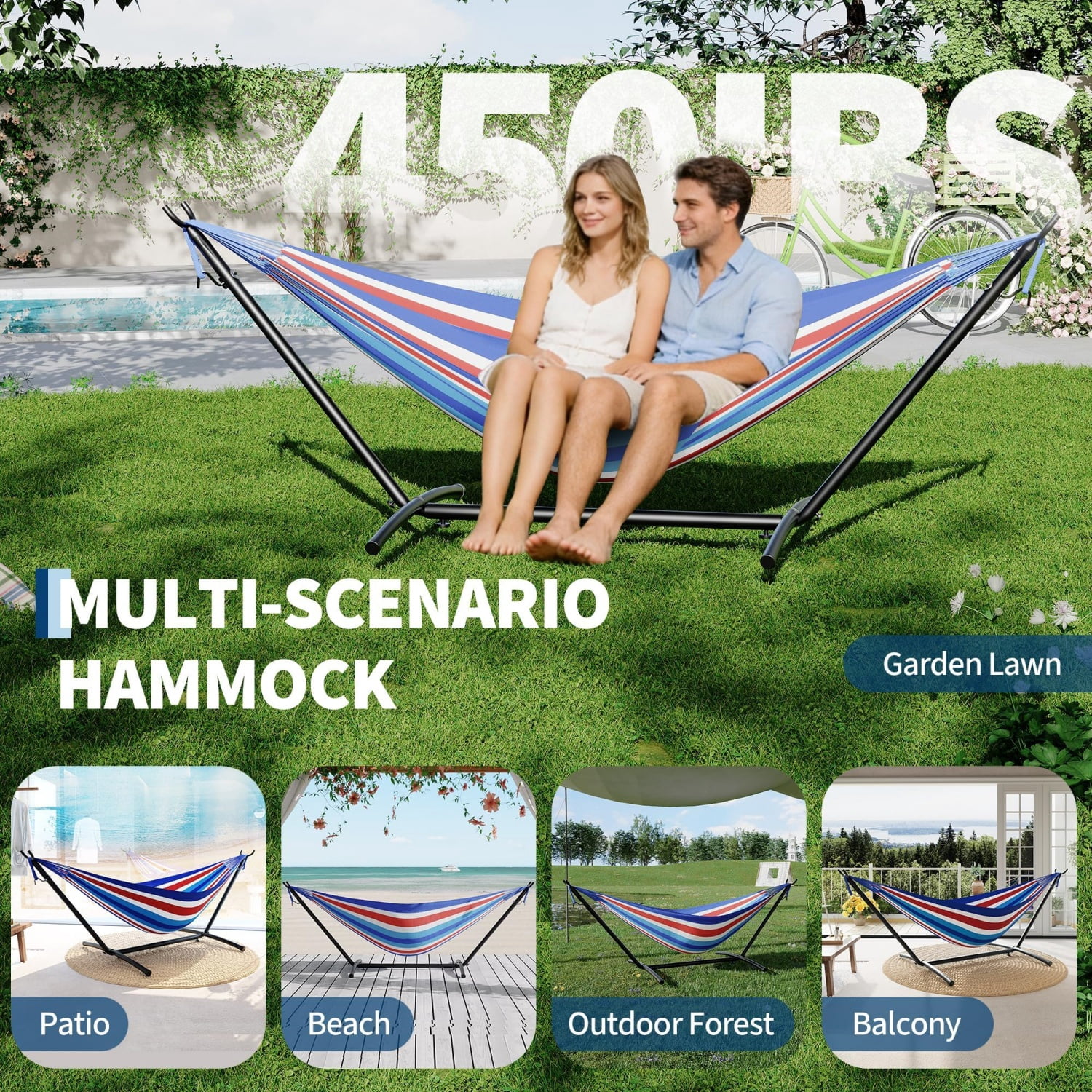 JoanKaren Double Hammock with Portable Space Saving Heavy-Duty Steel Stand,2 Person Outdoor 450lb Capacity Standing Hammocks,Indoor/Outdoor,Blue & White & Red Stripes