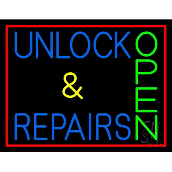 Unlock And Repairs Green Open Red Border LED Neon Sign 15 x 19 - inches, Clear Edge Cut Acrylic Backing, with Dimmer - Bright and Premium built indoor LED Neon Sign for automotive store, and mall.