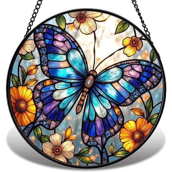 Butterfly Stained Glass Suncatcher for Window – Blue Butterfly Window Hanging Decor with Metal Frame, Sun Catcher Ornament Gift for Home, Mom & Grandma