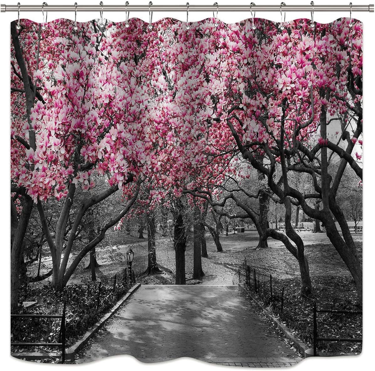Blooming Pink and Gray Shower Curtain Flowers Cherry Blossoms Park Spring Floral Trees Road Landscape Scenic Fabric Waterproof Bathroom Decor Set 72x72 Inch 12 Shower Plastic Hooks