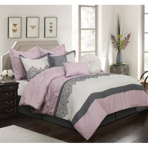 Lanco Queen Embroidery 7Piece Comforter Bedding Set, Pink, King, 100