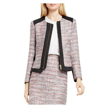 Vince Camuto Womens Front Zip Contrast Trim Tweed Jacket Pink 10