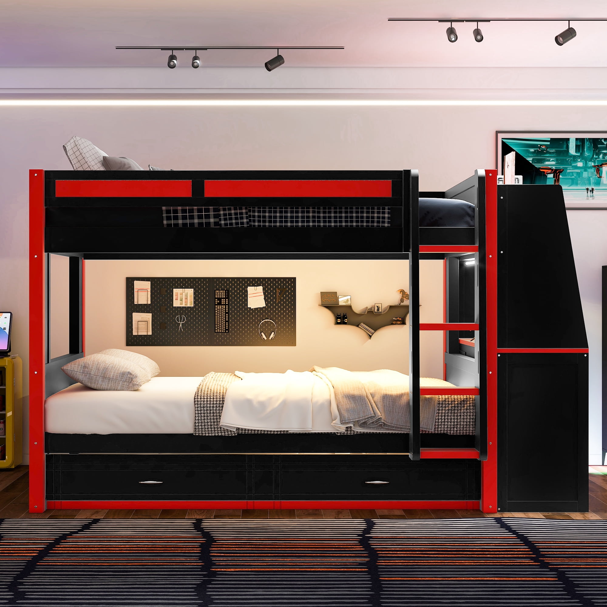 Euroco Wood Full over Full Bunk Bed with Desk and Shelves, Gaming Bed with Trundle and LED Lights, Red & Black