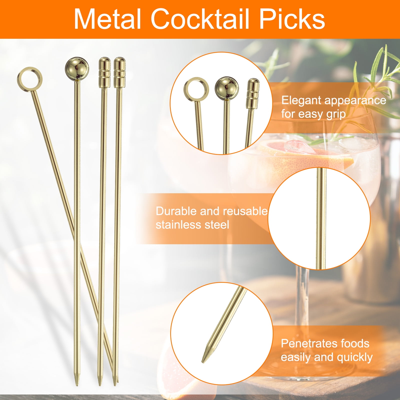 Unique BargainsCocktail Toothpicks Metal Picks for Party Drinks Appetizer 10 Pcs Gold