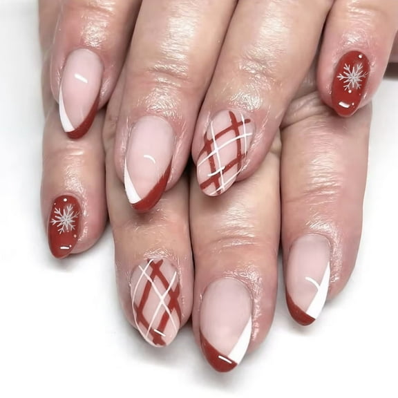 Yoyauz 24 PCS Christmas Fake Nails Red and White Snowflake Design Short Fake Nails, Christmas Color Matching Nails for Winter DIY Nail Decoration