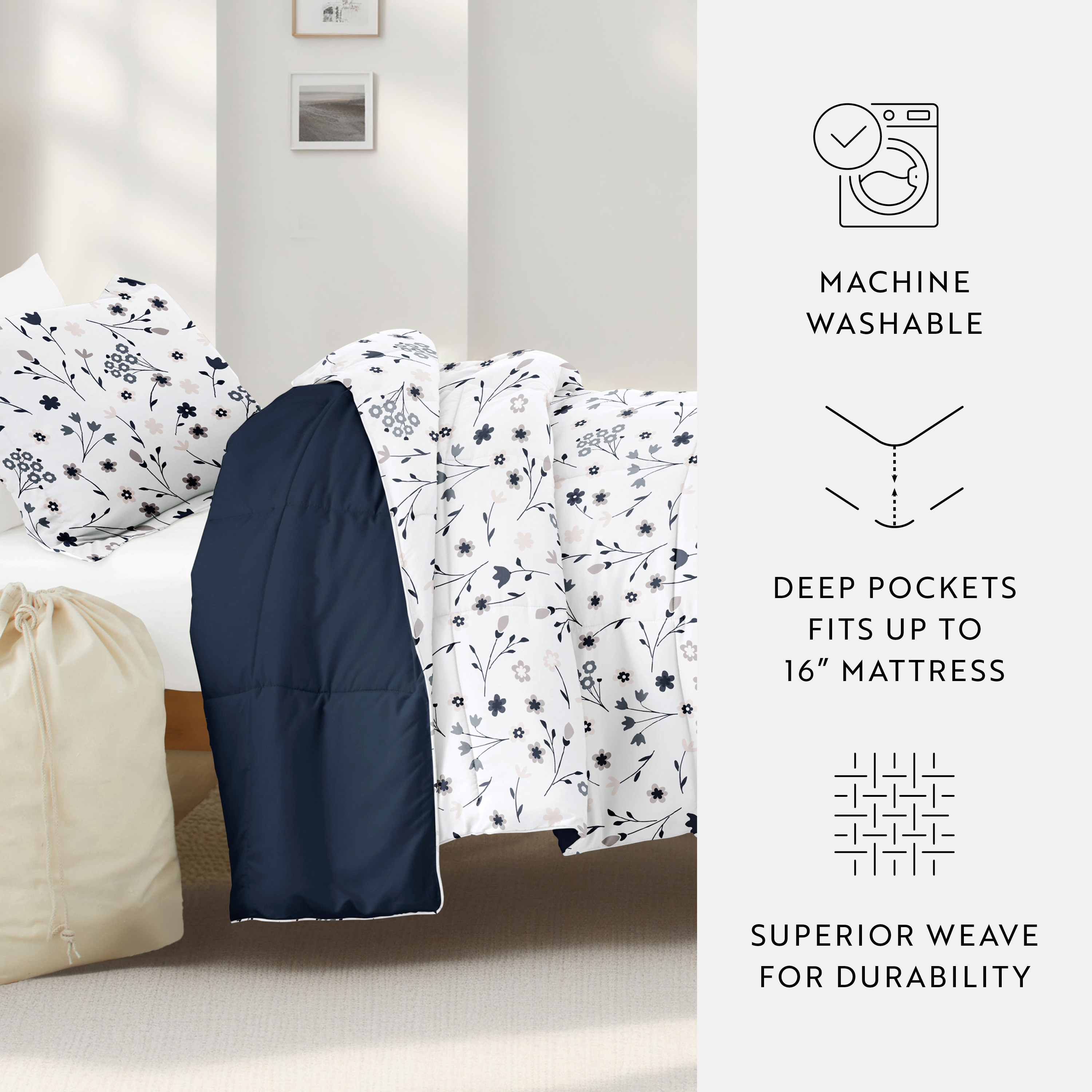 Noble Linens 8 Piece Dorm Bedding Bundle, Comforter & Sheet Set, Pillows, Laundry Bag