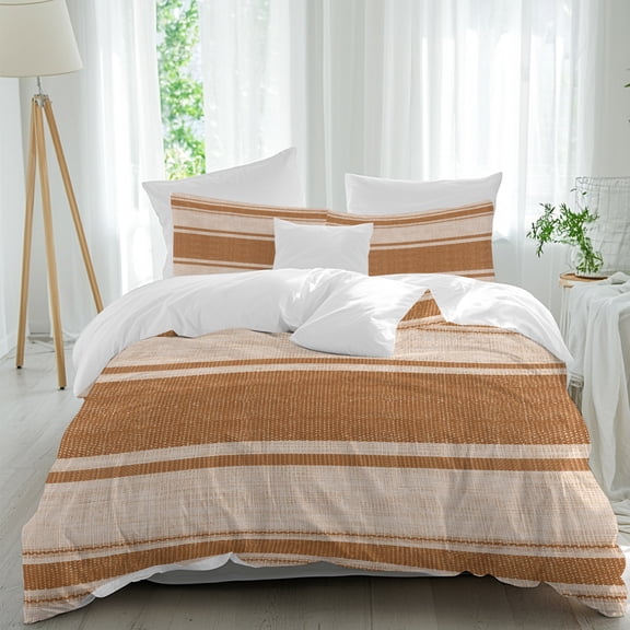 Duvet Cover Twin Size 3 Piece Bedding Set, Minimalist Orange Striped Soft Breathable Comforter Cover with 2 Pillow Shams, Vintage Linen Texture Luxury Duvet Covers with Zipper Closure