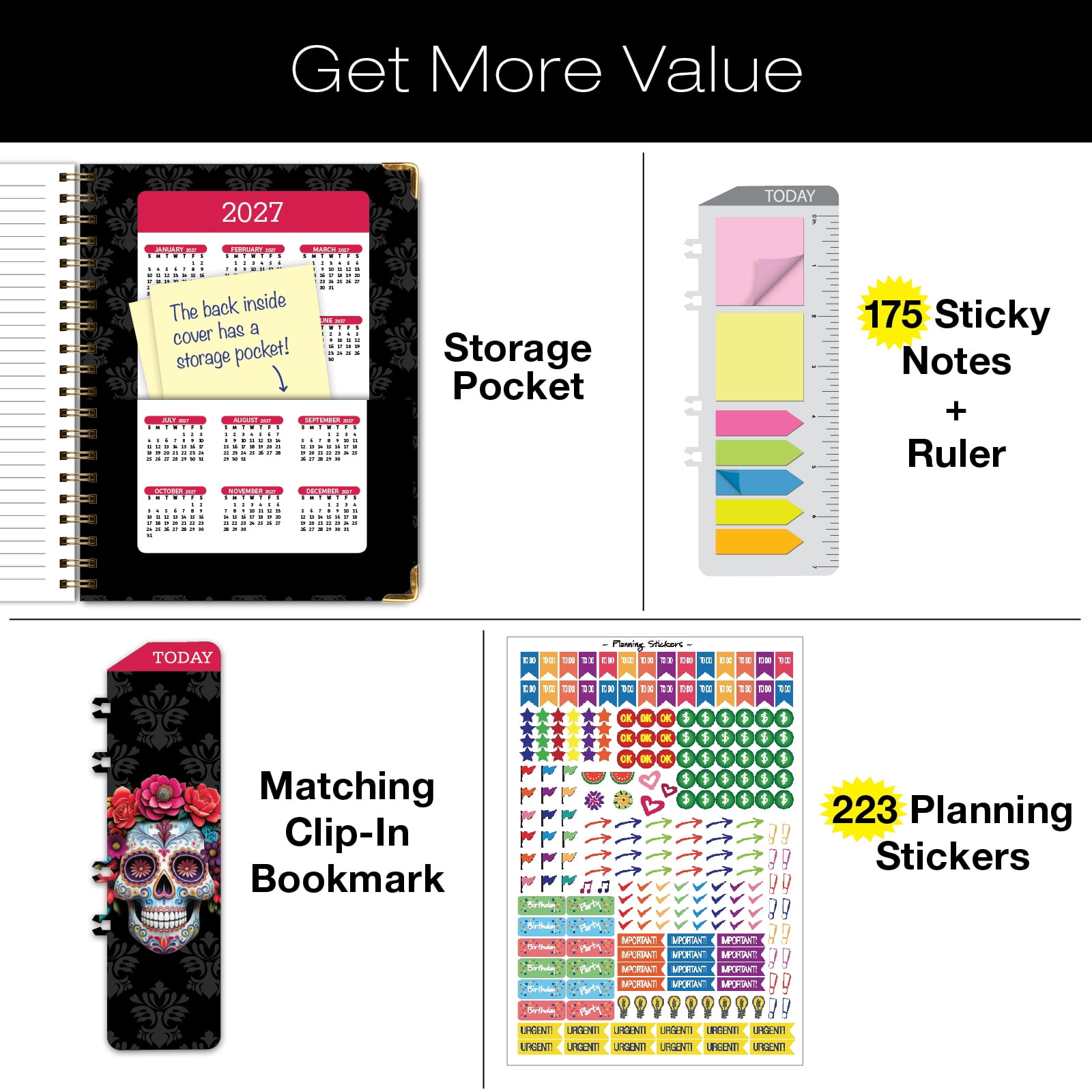 2026-2027 Excello Brands 8.5" x 11" Academic Year Hardcover Fashion Planner, Weekly/Monthly, 14 Month, Sugar Skull