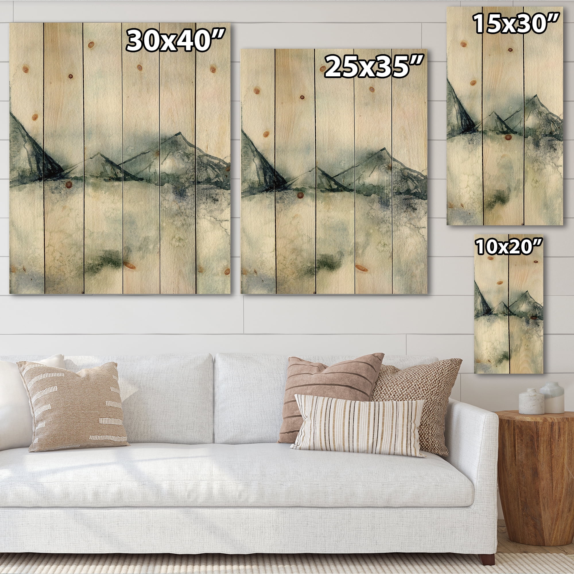 Designart 'Dark Blue Mountain Landscape Winter Minimalistic' Modern Print on Natural Pine Wood