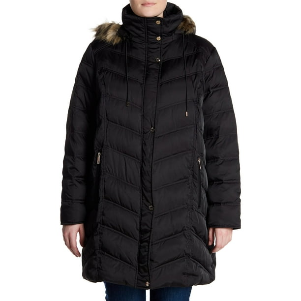 Kenneth Cole NEW Black Womens 3X Plus Faux-Fur Hooded Puffer Jacket ...