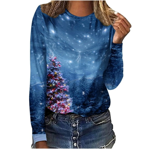 Black_Friday Cyber_Monday Deals Dianli Sweatshirt for Women Long Sleeve Round Neck Christmas Tree Print Shirt Womens Tops Casual Loose Fit T-Shirts Soft Womens Sweaters