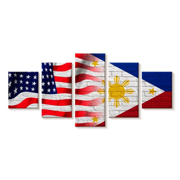 Elephant Stock Usa And Philippines Flag Wall Art - Horizontal Multi Panel Canvas - Living Room Wall Decor - Flags Multi Panel - Red And Blue Decor - 74" x 34"
