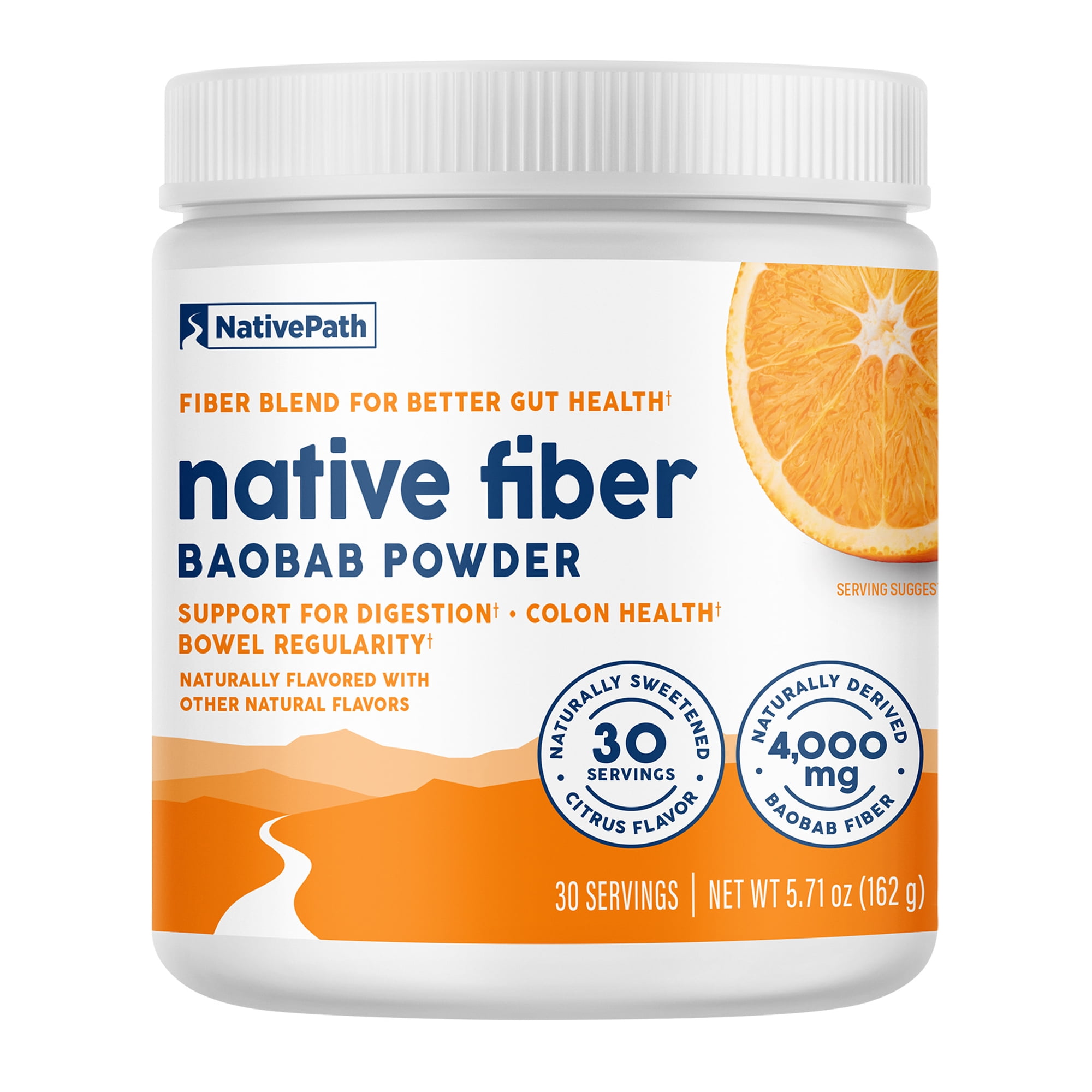 NativePath Prebiotic Fiber Powder Orange, Organic Baobab with L-Glutamine for Gut Health, Sugar-Free, 30 Servings
