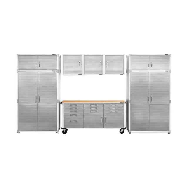 Seville Classics UltraHD 8-Piece Steel Garage Cabinet Storage Set With Rolling Workbench, 14 Feet Wide