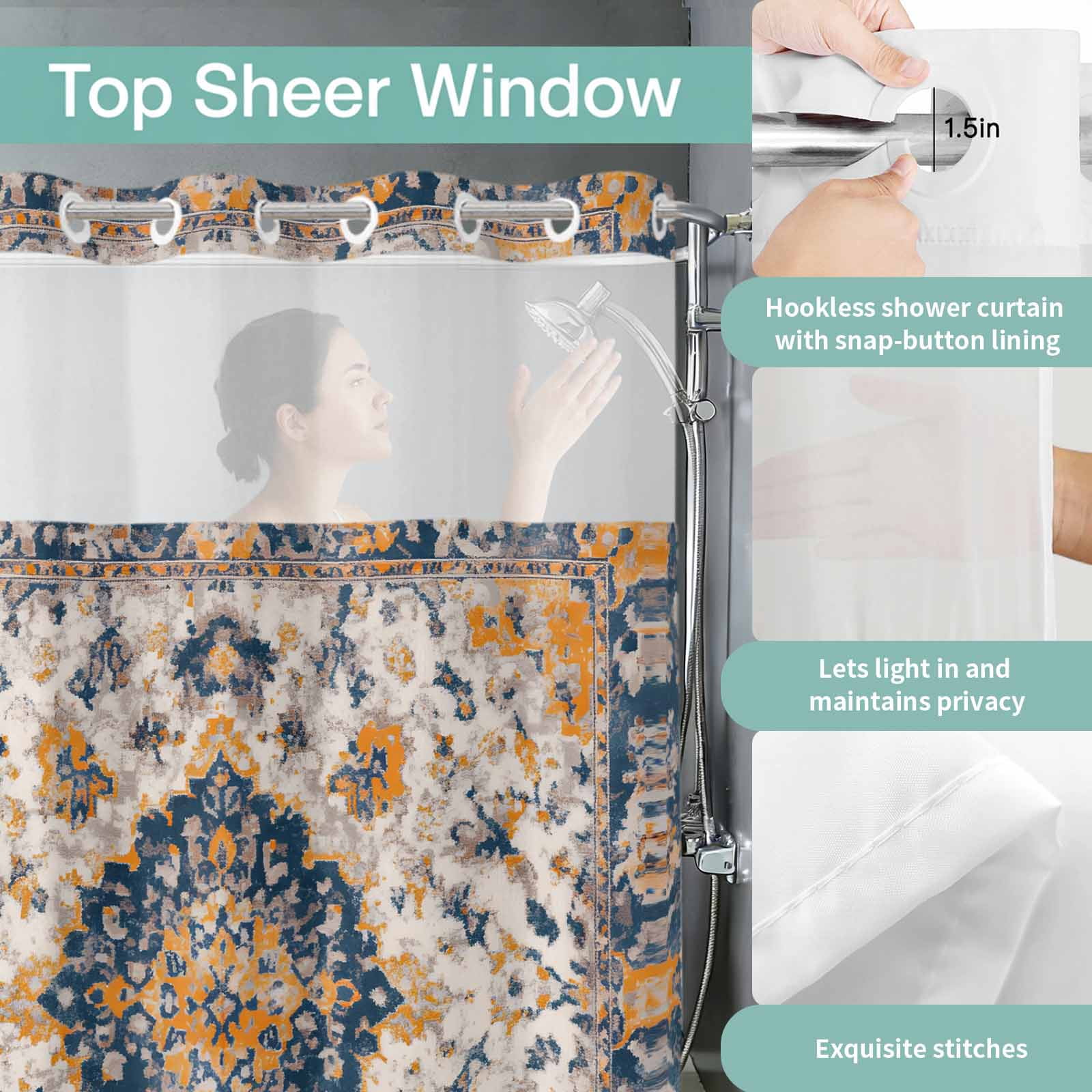No Hook Shower Curtain, Boho Chic Ethnic Long Bathtub Curtains with Snap in Liner, Orange Blue Vintage Tribes Waterproof Washable Fabric Bathroom Curtain Sets, 72"W x 78"L