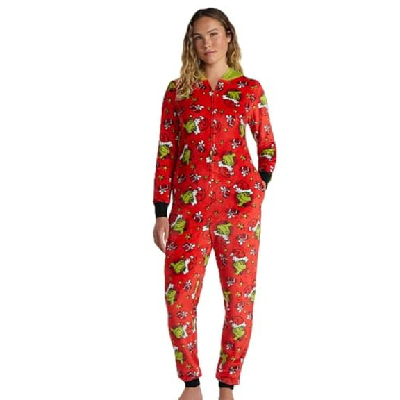 Women's Grinch Minky Union Suit Pajamas with Pockets - Red, Small