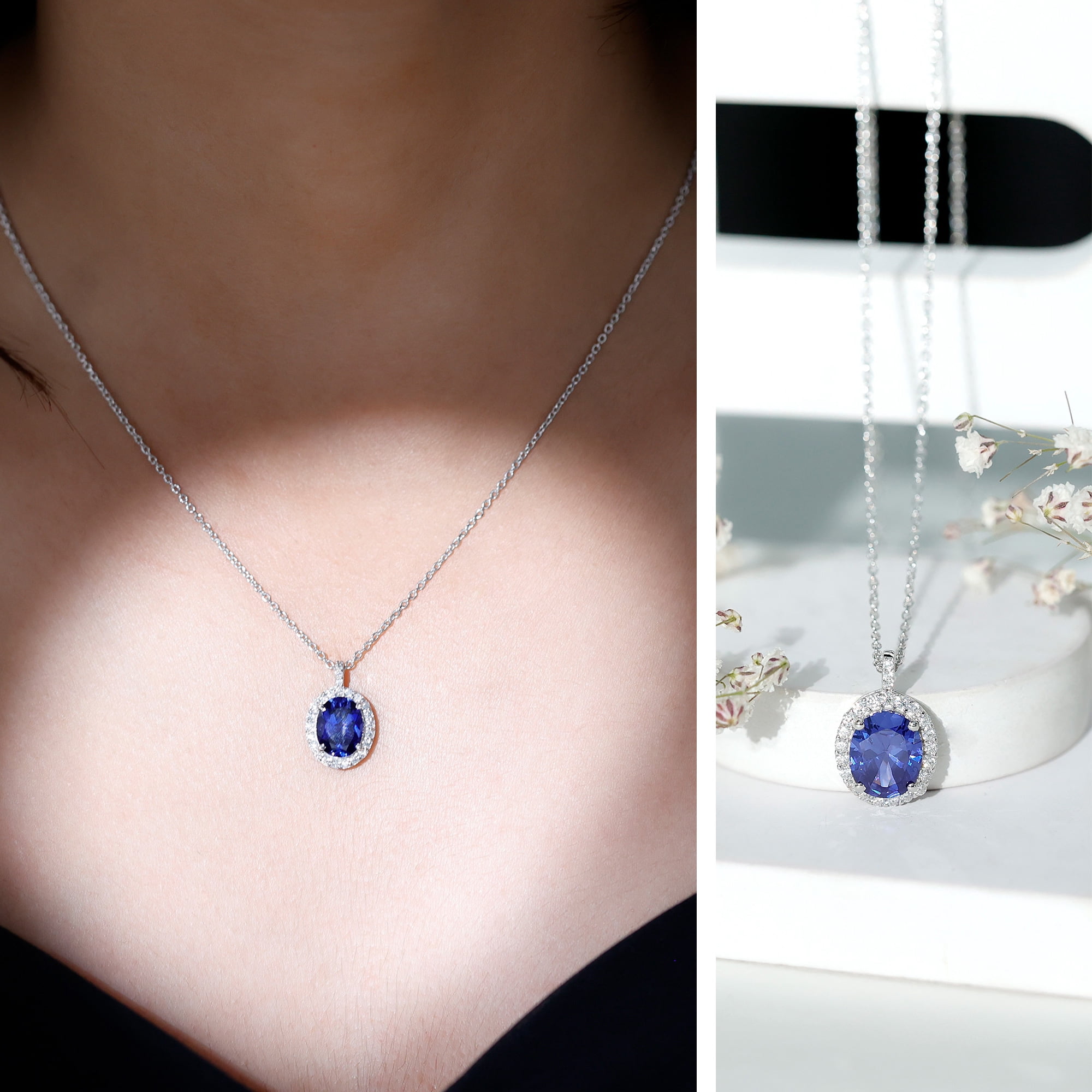 Rosec Jewels Lab Grown Blue Sapphire Necklace in Silver - with Chain - (8X10 mm Oval, 4 Ct, AAAA Grade) - with Jewelry Box