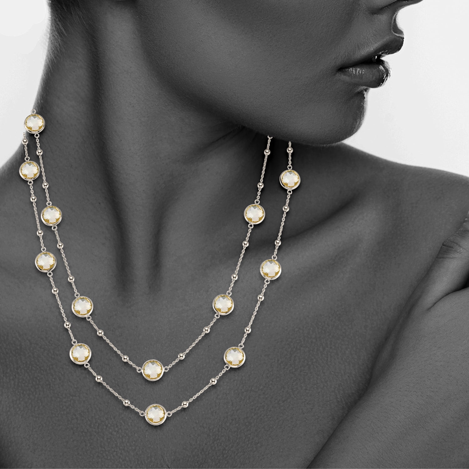 5th & Main Sterling Silver Bezel Necklace with Small Silver Stations and Citrine Round Gemstones