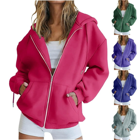 CFLVAEK Women's Plus Size Hoodies Loose Fit Full Zip Hoodie Jackets Casual Long Sleeve Fall Winter Sweatshirts with Pockets Hot Pink S