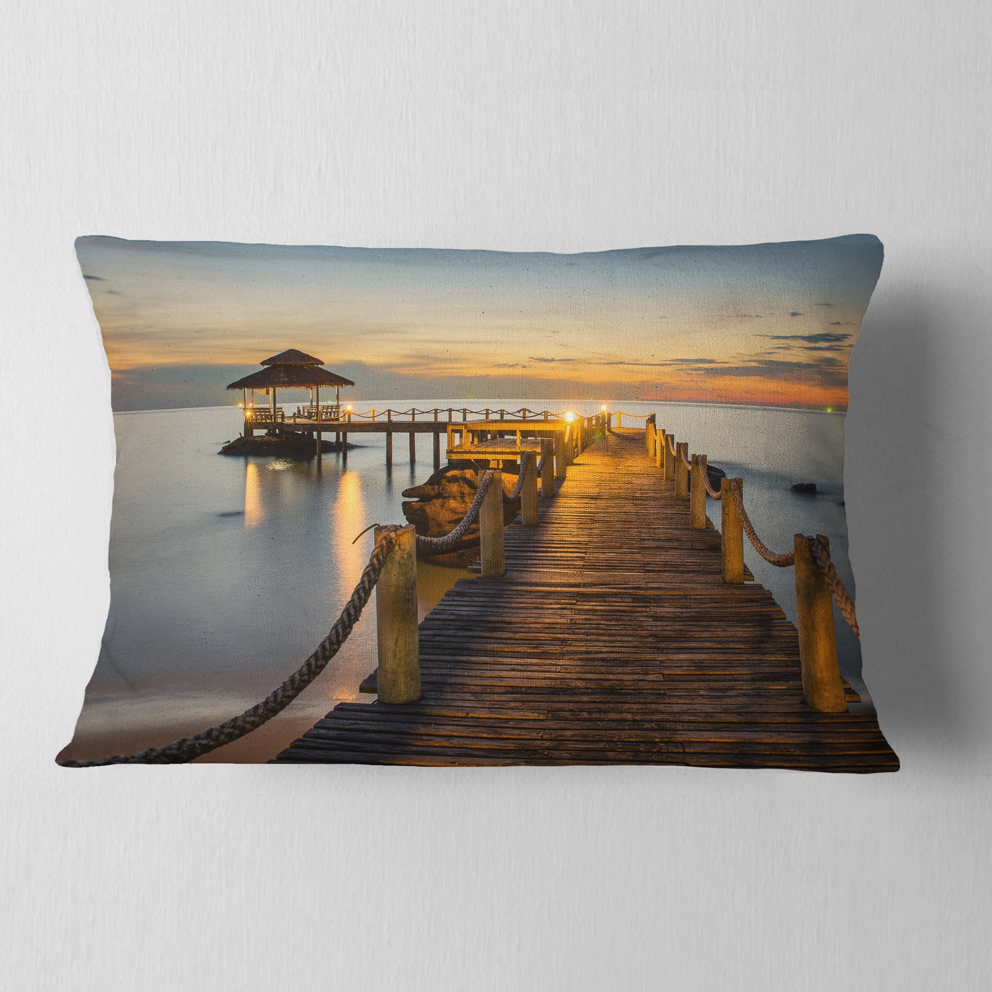 Designart Brown Wooden Pier in Evening - Seashore Photo Throw Pillow - 12x20