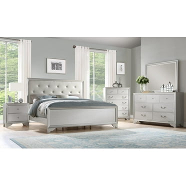 Contemporary Silver Queen Panel Bed Set 6Pc w/Leather Headboard McFerran B506