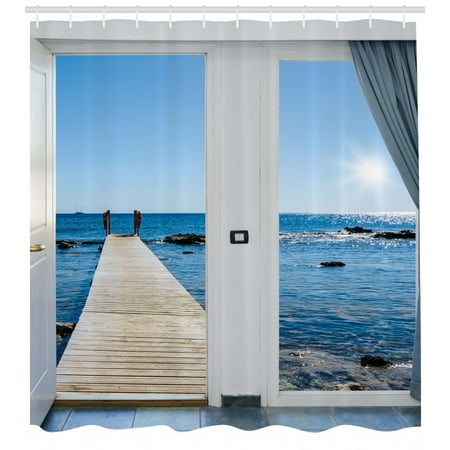 Beach Shower Curtain Coastal Theme With The Ocean Sea Sunny Day Scenery Patio From Window Fabric Bathroom Set Hooks Pale Blue And White