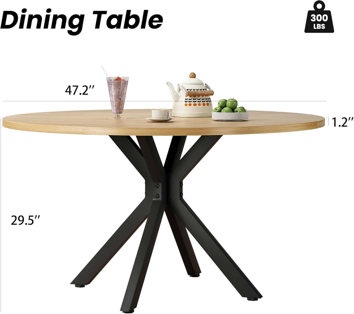 Farini 47" Round Dining Table, Mid-Century Modern Wood Table with Metal Base, Seats 4-6, for Kitchen or Dining Room, Nature