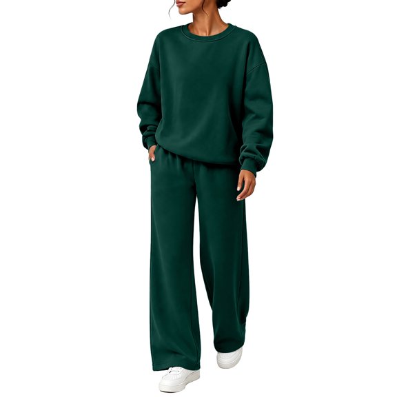 VISALY Sweatsuits 2 Piece Outfit Comfy Long Sleeve Crewneck Pullover Sweatshirt Wide Leg Sweatpants Matching Sweat Set Casual Tracksuit Jogger Sweat Suit Fall Airport Travel Outfit Blackish Greenl