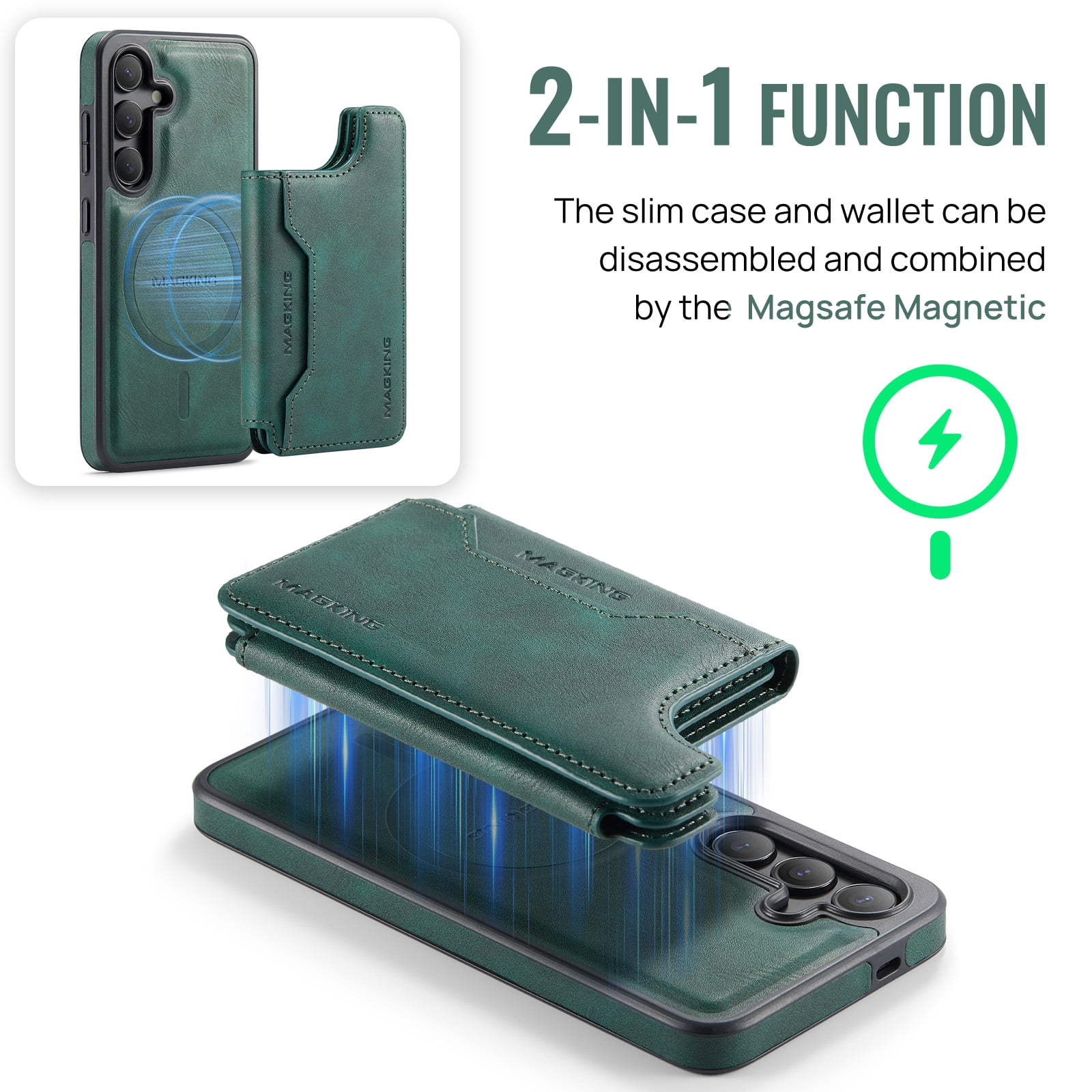 Designed for Samsung Galaxy S25+ Wallet Phone Case,Magnetic Detachable Flip Card Holder,Back Flip Kickstand,Compatible with Mag-Safe,2-in-1 PU Leather Heavy Duty Shockproof Phone Case,Green