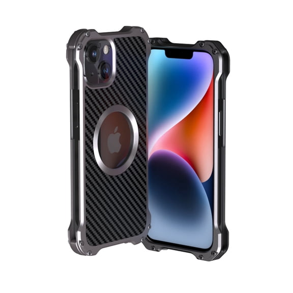 Jiahe Cover Case for iPhone 14 Plus,Back Hollow Heat Dissipation Shockproof Bumper Armor Aluminum Alloy Metal Carbon Fiber Case for iPhone 14 Plus, Lens Protection Support Magsafe Charger, Gray