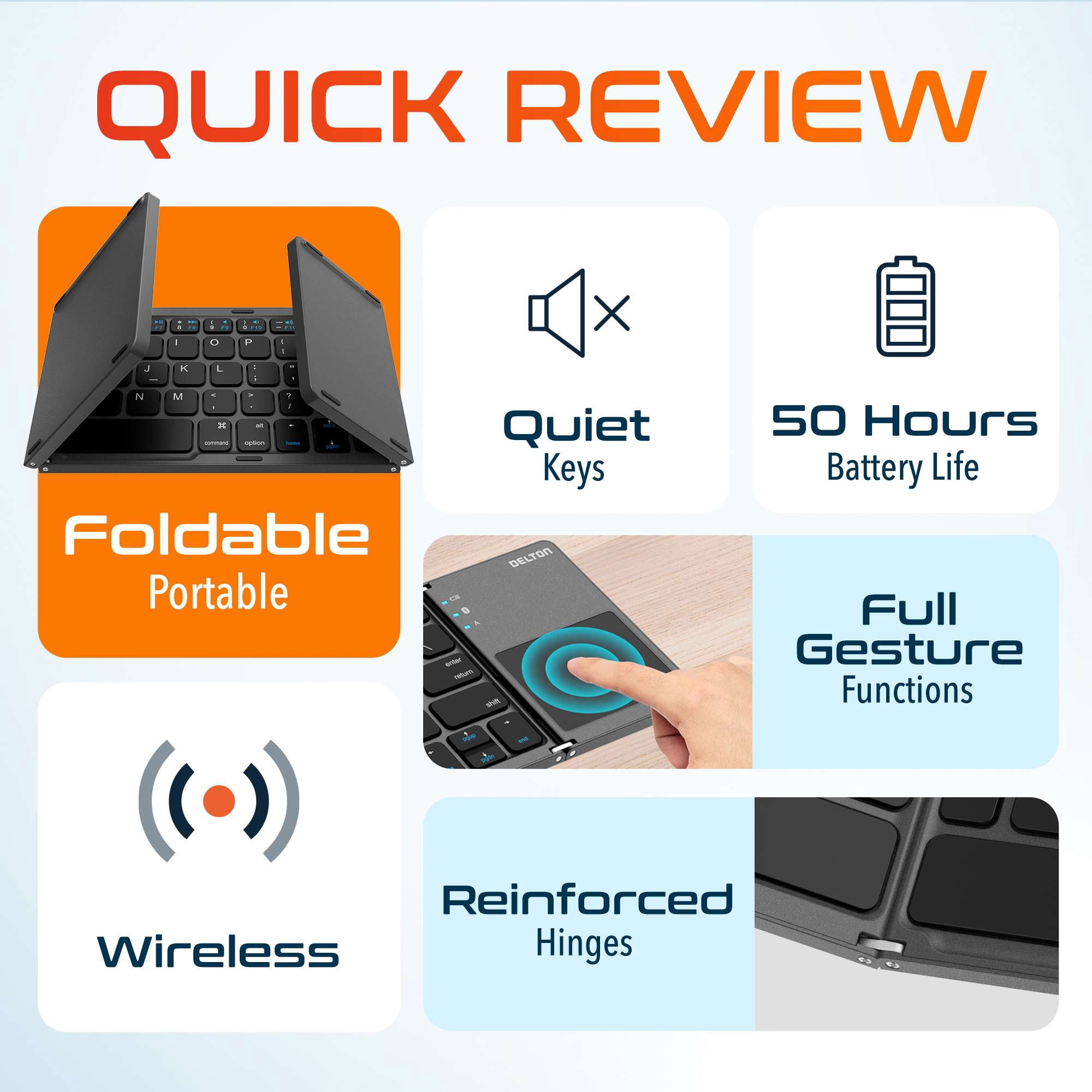 Delton F75 Bluetooth Keyboard with Sensitive Touchpad, Compact and Portable Design, Rechargeable Wireless Foldable Keyboard, Compatible with PC, Laptop, iMac, Tablets & Smartphones - Black