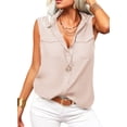 thumbnail image 3 of Sleeveless Women Solid Color Laple Button Down Casual Blouse Camisole With Pocket, 3 of 5
