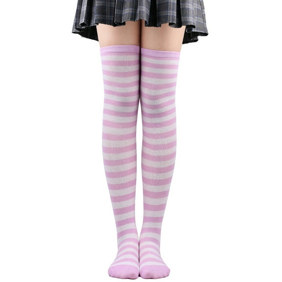 ERDOUY 1 Pairs Womens Thigh High Socks Cotton Striped Over the Knee Socks Long Knee High Stockings for Women,Pinkish purple