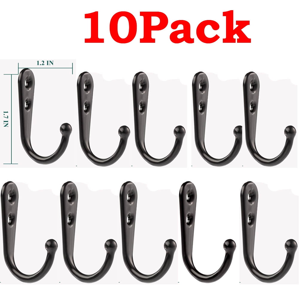 10 Pack Heavy Duty Wall Mounted Black Coat Hooks with 20 Screws