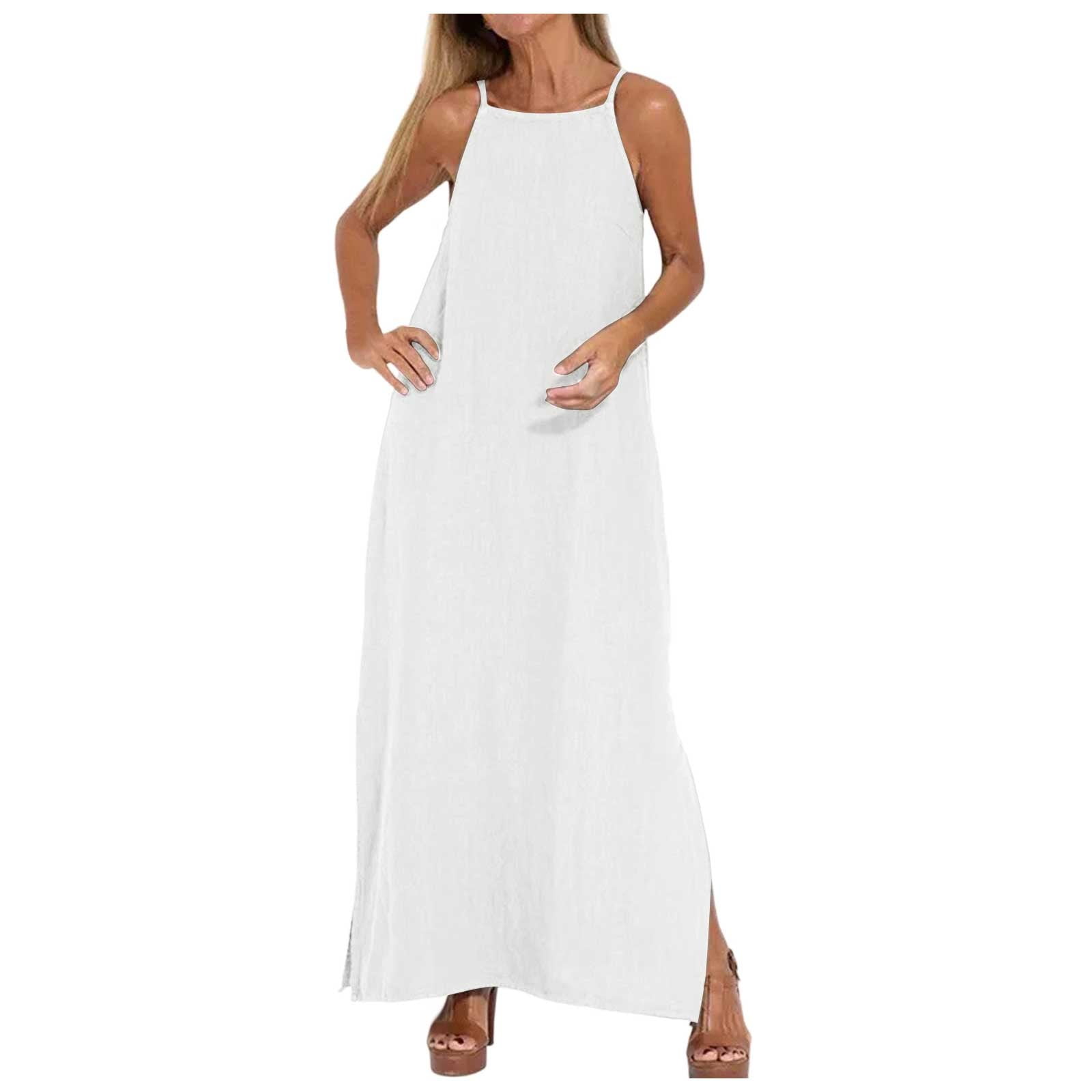 Womens Dress Gauzy Dresses for Women Women s Fashion Casual Split Strap Dress Solid Color Boho Long Dresses Adult Female Clothes White Size L