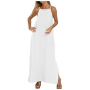 OJSFQUFP Women's Dress White Women's Fashion Casual Split Strap Dress Solid Color Boho Long Dresses Long Summer Dresses XXL