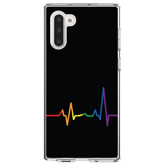 DistinctInk Clear Shockproof Hybrid Case for Samsung Galaxy Note 10 (6.3" Screen) - TPU Bumper, Acrylic Back, Tempered Glass Screen Protector - Rainbow Pulse Heart Beat - LGBTQ Support