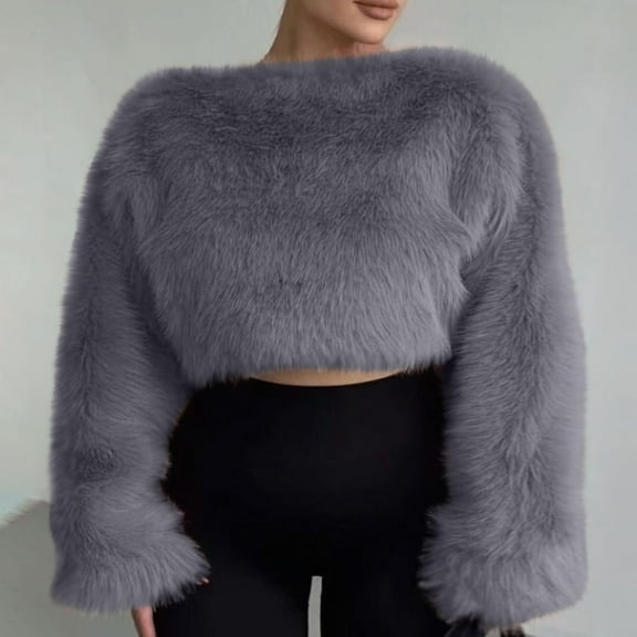 YueHuiYing Women Fashionable Crew Neck Cropped Sweater Casual Long Sleeve Knit Tops Pullover Sweater