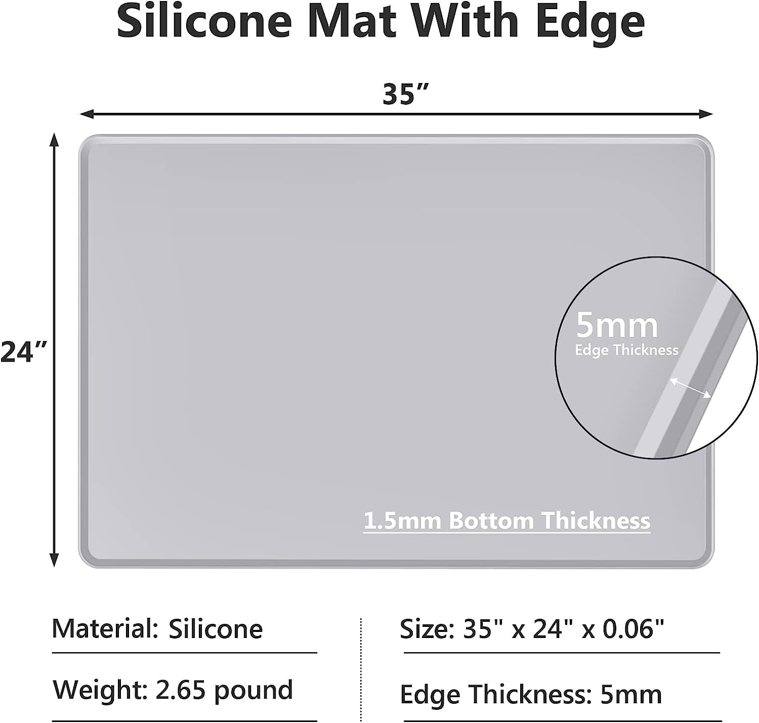 Silicone Mat for Countertop 24 x 16 x 0.06 Thick Silicone Kitchen  Counter Mat - 0.2 Raised Edge Multipurpose Mat with Lip Toddler Placemat