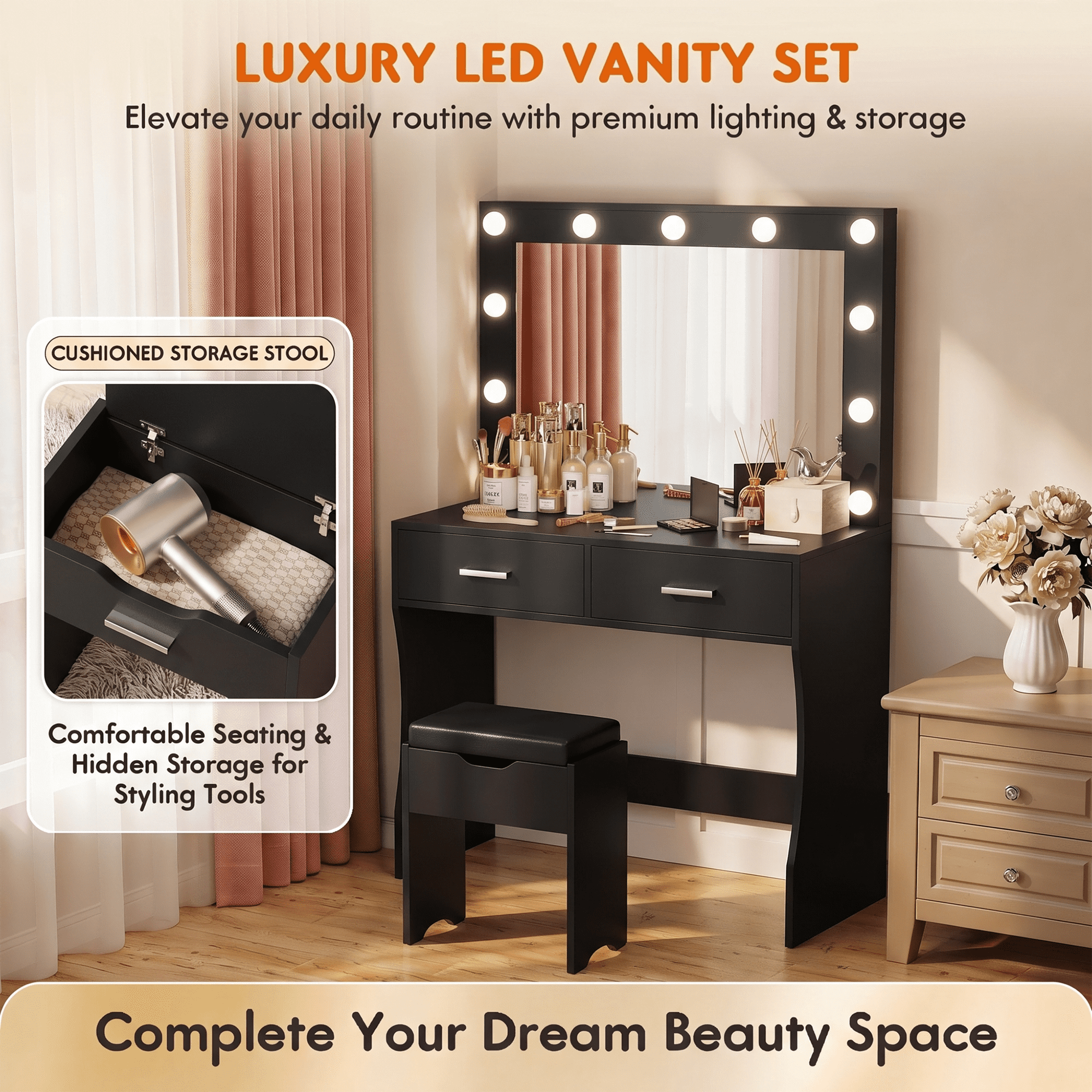 Furmax Makeup Vanity Table Set with Lights and Mirror Vanity Desk with Drawer and Chair, Black