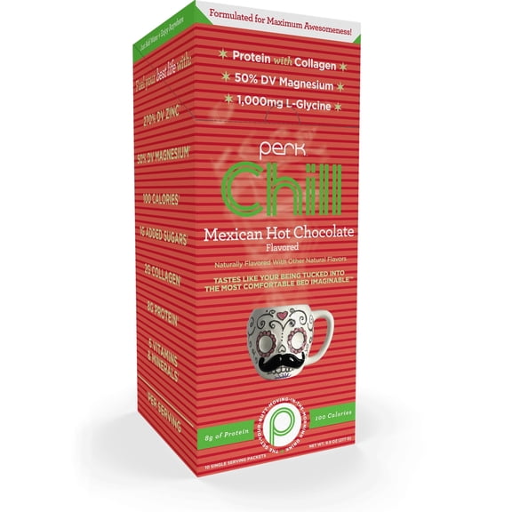 Perk Chill Drink Mix (Mexican Hot Chocolate) 10 Stick Packs – Calming Melatonin-Free Nighttime Sleep Aid Support with Magnesium & L-Glycine