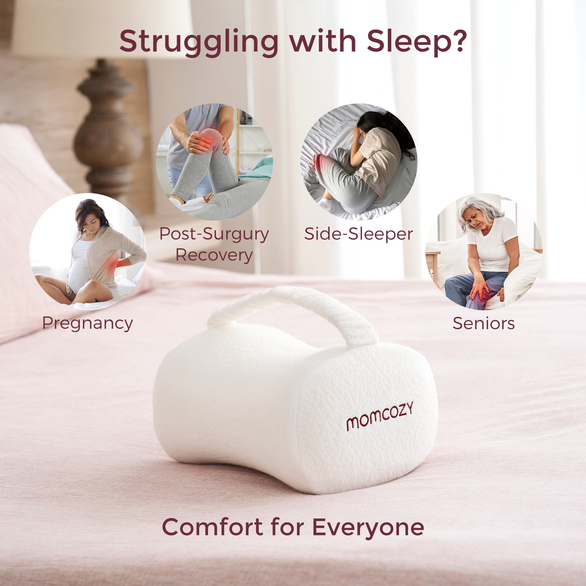 Momcozy Knee Pillow for Side Sleepers, Soft Memory Foam Support Spine Alignment Pregnancy Leg Pillow for HIPS, Back, Sciatica Pain, Fixed Strap for Moving, Wider Contact Even Pressure