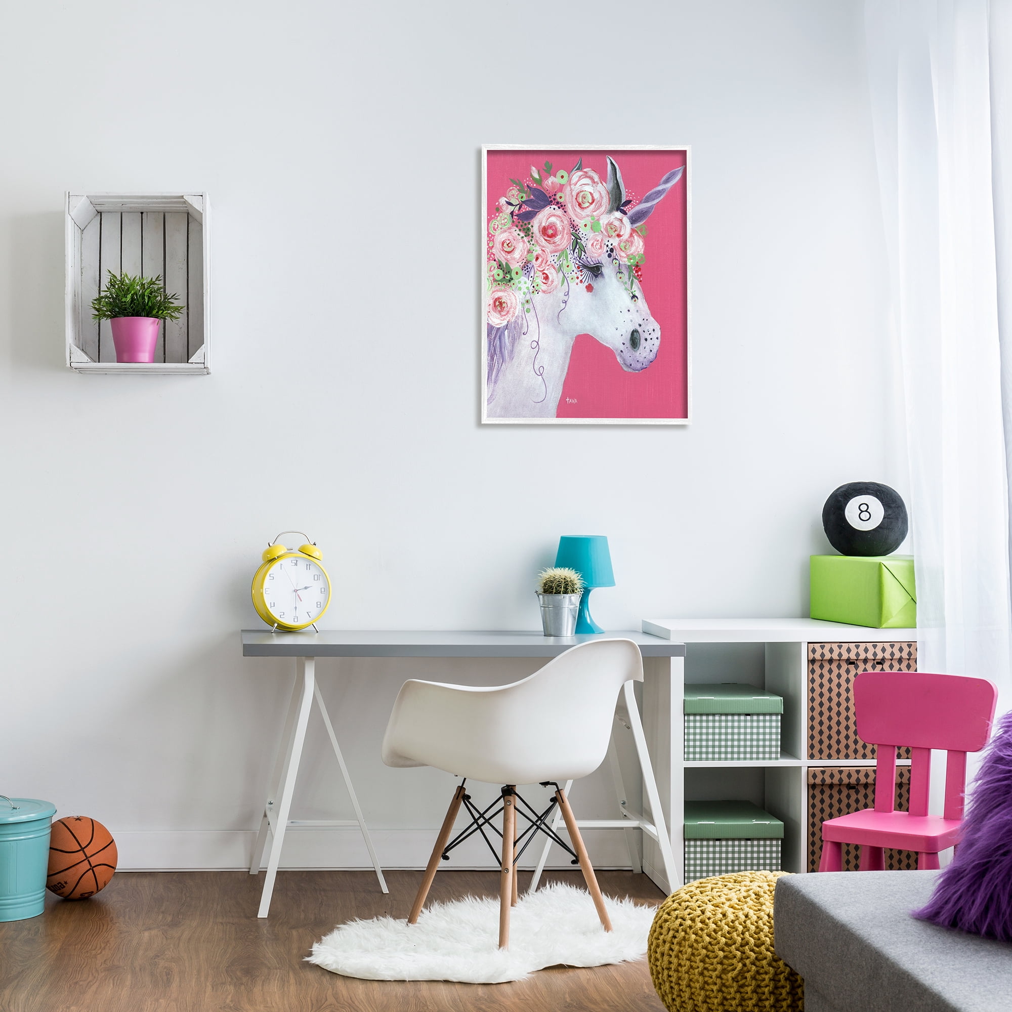 Stupell Industries Pink Florals Purple Unicorn Mythical Animal Portrait Glam Painting White framed Art Print Wall Art, 24 x 30, Design by Janet Tava