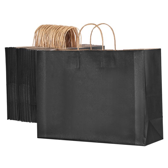 KFFKFF Kraft Paper Bags with Handles, 100Pcs 16 x 6 x 12 in, Large Paper Grocery Bags, Reusable & 100% Recycled Take-Out Sacks, Plain Party Bag Bulk, Black