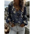 thumbnail image 2 of Women's  Floral Blouse V-Neck Long Sleeve Lantern Sleeve Ruffle Cuff Loose Fit Top for Spring Fall Layering Office Commute Vacation Daily Outfits, 2 of 4