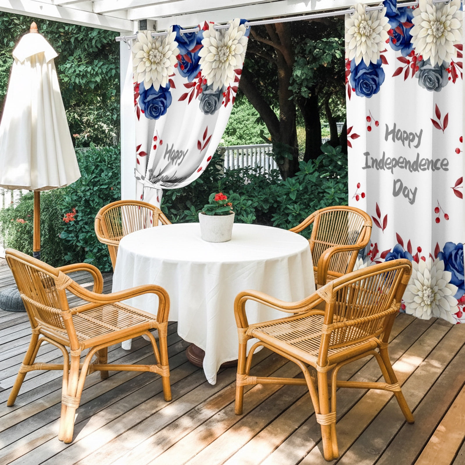 Happy Independence Day Outdoor Curtains for Patio, Red Blue Rose Dahlia Floral Sunshade Privacy Drapes Grommet Waterproof Outside Curtains for Porch/Cabana/Balcony 54"x 84", 2 Panel