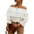 thumbnail image 3 of hirigin Women Fashion Wild Shirts Solid Color Boat-Neck Off-Shoulder Half Sleeve Chiffon Blouses Summer Casual Ruffles Tie-Up Tops, 3 of 5