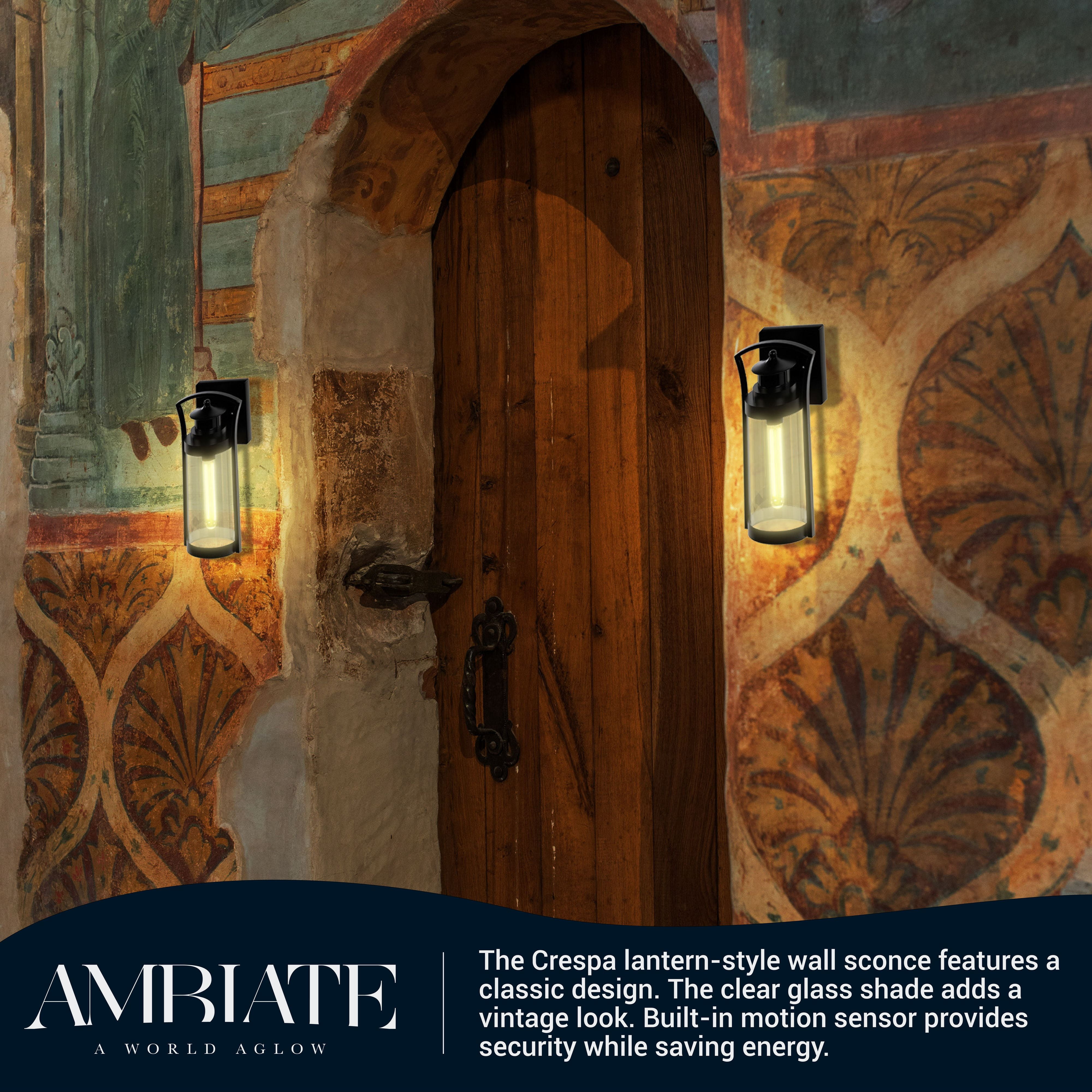 Ambiate Crespa Lantern-Style Wall Sconce, Motion Sensor, Medium Base (E26) Socket, Black Finish, Clear Glass Shade, for Porches, Patios, Garage Openings, Commercial or Residential, ETL