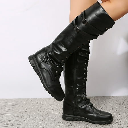 

Women‘s Buckle & Belt Decor Riding Boots Solid Color Lace Up Knight Boots Fashionable Round Toe Long Boots
