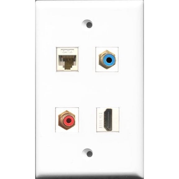 RiteAV 1 Port HDMI and 1 Port RCA Red and 1 Port RCA Blue and 1 Port Cat6 Ethernet White Wall Plate